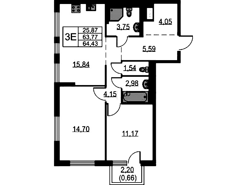 2-комнатная квартира 64.43 м², 4/17 эт., ЖК «Невская Долина»